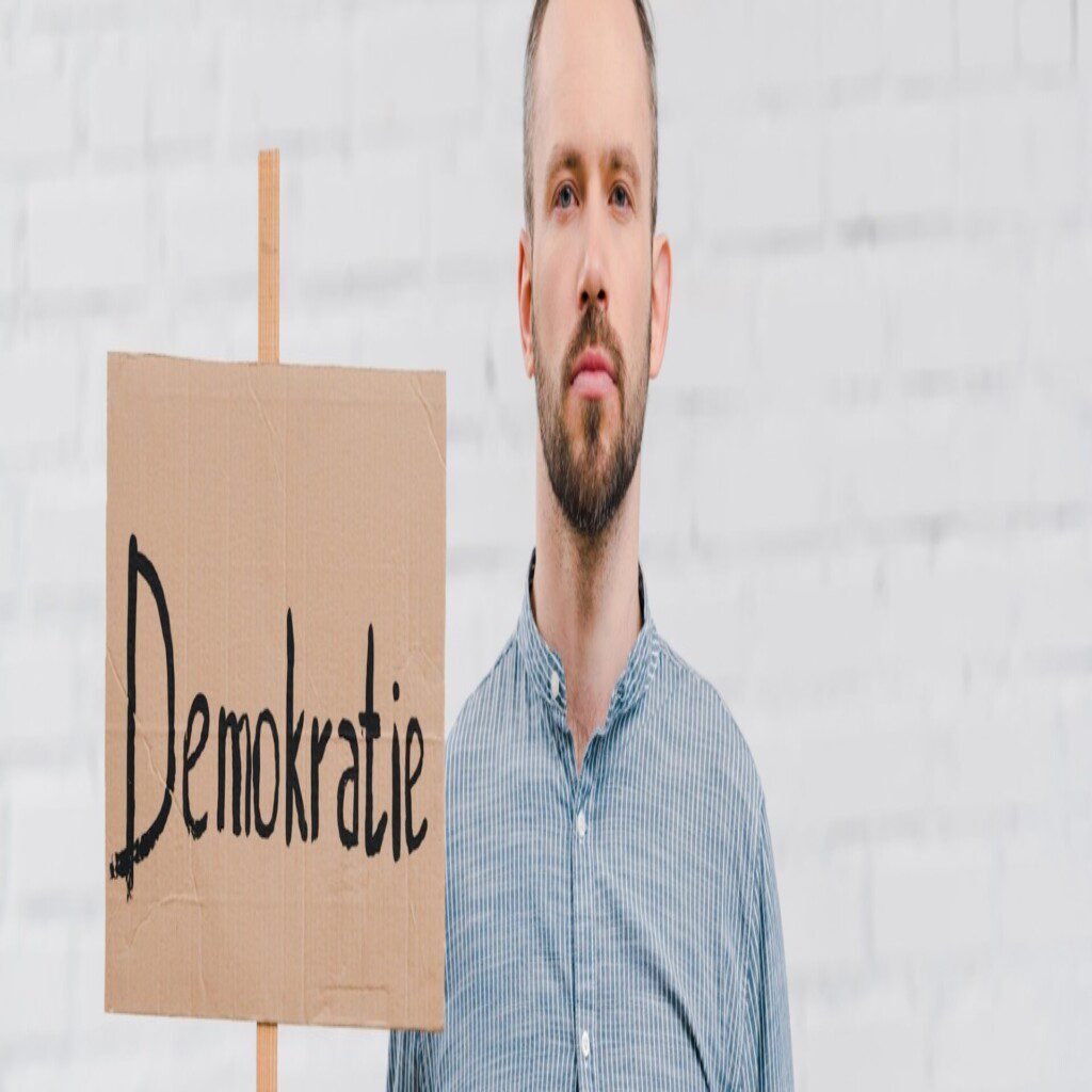 panoramic shot of bearded citizen holding placard with demokratie lettering near brick wall