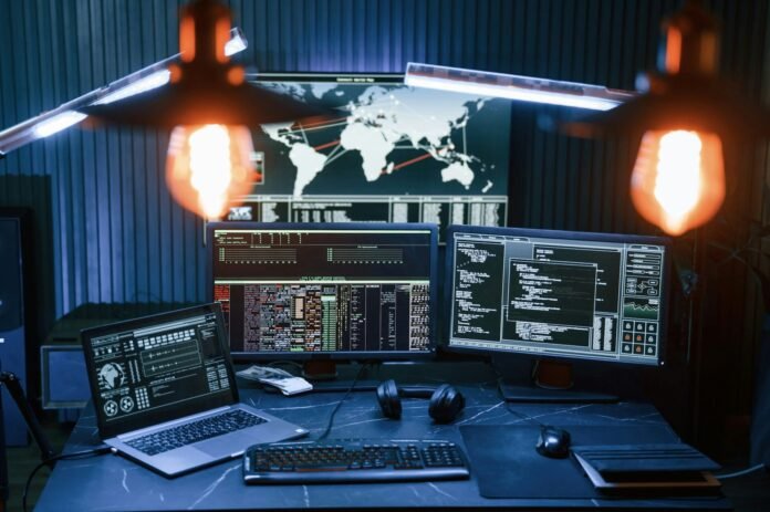 Cyber criminal haker dark room for massive attack of corporate big data servers